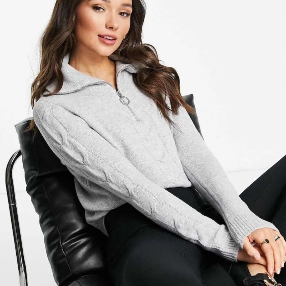 ASOS Vila Knitted Zip Sweater With Cable Detailed Gray